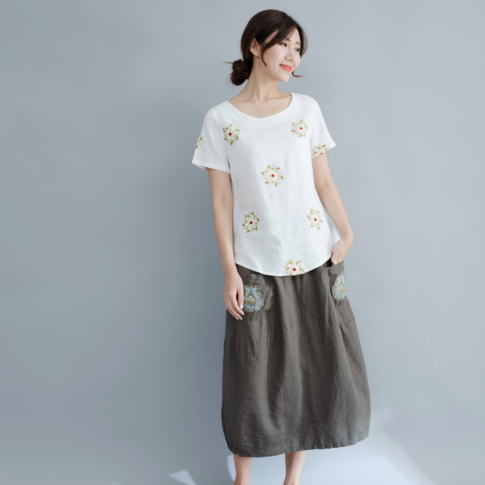 素衣绣17夏女装新款文艺棉麻半身裙刺绣