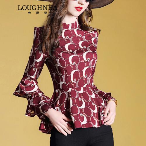 loughnea轻奢品牌女装上衣女立领印花喇叭袖春装2018新款衬衣女百搭